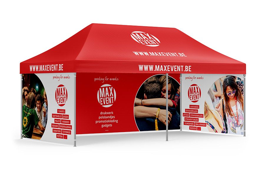 mock-up van een easy-up tent van 3 bij 6 meter met bedrukt dak en 3 bedrukte wanden